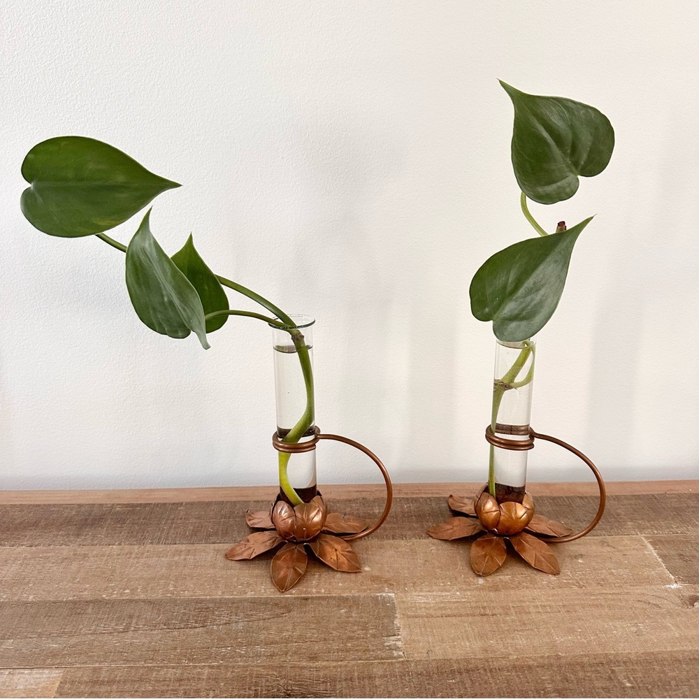 Vintage 1950’s Schaefer’s Copper Bud Vases with Lotus Flower Base Set of 2 MCM